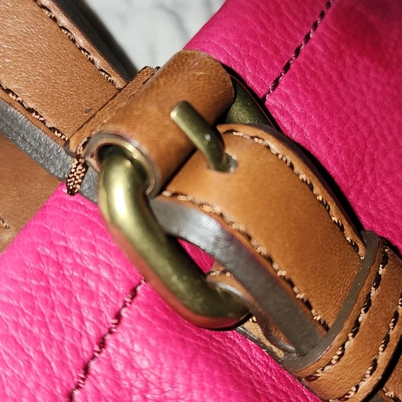 FOSSIL Explorer Leather Tote Hot Pink Magenta Foldover Brass Messenger Bag - Picture 9 of 14